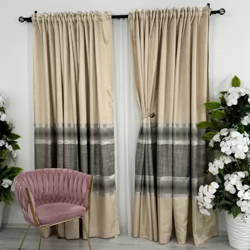 Set 2 Draperii Elite, Satinata, Texturata, Bej cu Gri, 140cm latime x 260cm inaltime, cu tiv lat pt bara