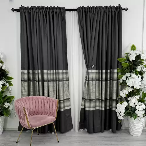 Set 2 Draperii Lines, Satinata, Texturata, Antracit cu Argintiu, 140cm latime x 260cm inaltime, cu tiv lat pt bara