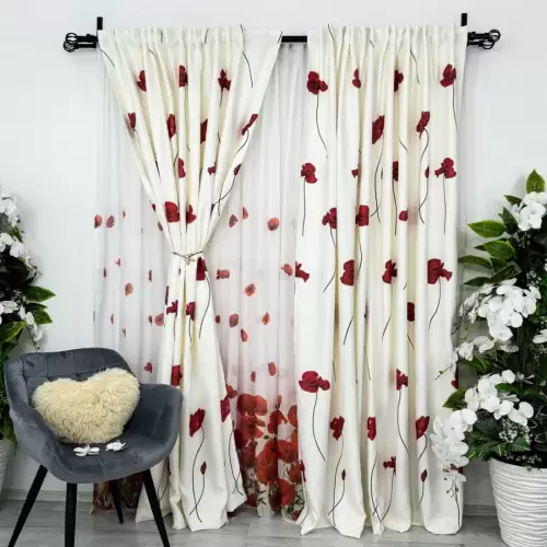 Set 2 Draperii Satinate Imprimate, Albe cu Maci rosii, 140cm latime x 260cm inaltime, cu tiv lat pt bara