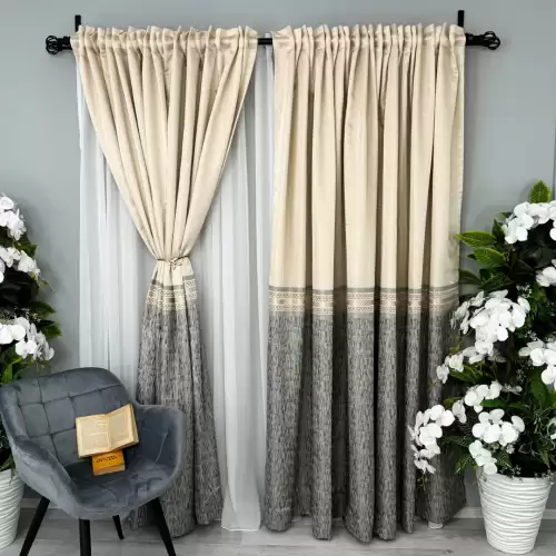 Set 2 Draperii Simplicity, Satinata, Texturata, Crem cu Gri, 140cm latime x 260cm inaltime, cu tiv lat pt bara