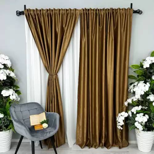 Set 2 Draperii Soft Touch, cu Aspect Fin si Tenta Satinata, 140cm latime x 260cm inaltime, cu TIV LAT, Maro Bronz