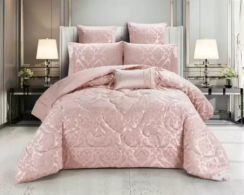 Set Cadou Luxury, Jojo Home, Jacquard Regal, 7 Piese, Cu Pilota Inclusa, Roz