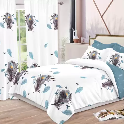 Set Lenjerie pat dublu (140x200cm, 160x200cm, 180x200cm) + 2 draperii, finet, 8 piese, Alb, Bleu, pene