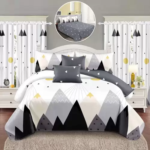 Set Lenjerie pat dublu (140x200cm, 160x200cm, 180x200cm) + 2 draperii, finet, 8 piese, Alb, Gri, munti