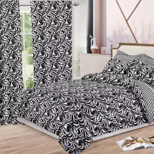 Set Lenjerie pat dublu (140x200cm, 160x200cm, 180x200cm) + 2 draperii, finet, 8 piese, Alb, Negru, model clasic