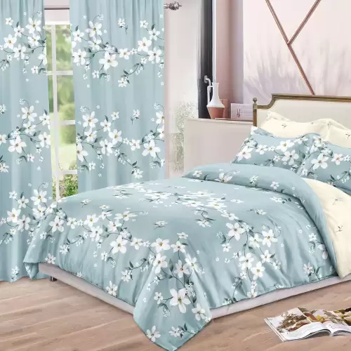 Set Lenjerie pat dublu (140x200cm, 160x200cm, 180x200cm) + 2 draperii, finet, 8 piese, Bleu, flori