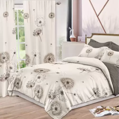 Set Lenjerie pat dublu (140x200cm, 160x200cm, 180x200cm) + 2 draperii, finet, 8 piese, Greu, Maro, papadii