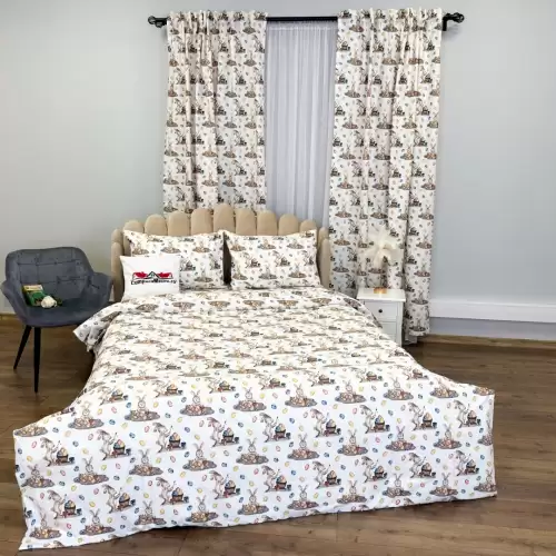 Set Lenjerie Pat Dublu 4 Piese + 2 Draperii 150x235cm din Bumbac Ranforsat – Confort si Eleganta, Fabricat in Romania, Alb, Iepurasi