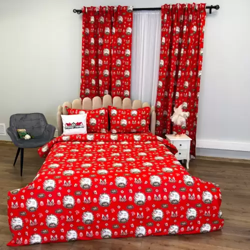 Set Lenjerie Pat Dublu 4 Piese + 2 Draperii 150x235cm din Bumbac Ranforsat – Confort si Eleganta, Fabricat in Romania, Rosu, Alb, Iepurasi