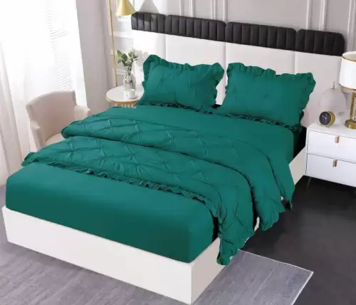 Set Lenjerie Pat Dublu, 4 Piese, Finet, cu Elastic, Pliuri si Volanase