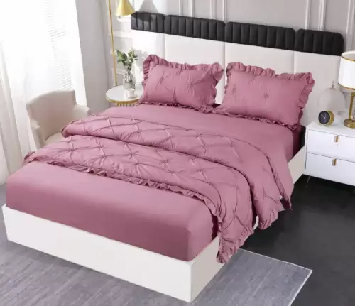 Set Lenjerie Pat Dublu, 4 Piese, Finet, cu Elastic, Pliuri si Volanase