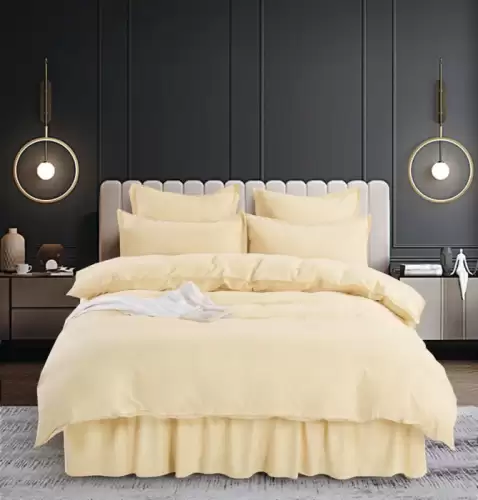 Set Lenjerie Pat Dublu, 6 Piese, Bumbac Finet Uni, cu Volanase