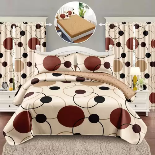 Set Lenjerie pat dublu cu Elastic (140x200cm) + 2 draperii, finet, 6 piese, Bej, Maro, Cercuri, Buline