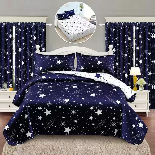 Set Lenjerie pat dublu cu Elastic (140x200cm) + 2 draperii, finet, 6 piese, Bleumarin, Stelute