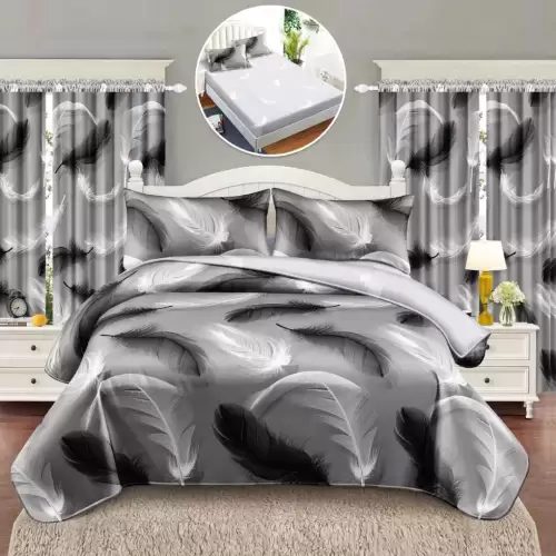 Set Lenjerie pat dublu cu Elastic (140x200cm) + 2 draperii, finet, 6 piese, Gri, Pene