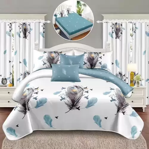 Set Lenjerie pat dublu cu Elastic (160x200cm, 180x200cm) + 2 draperii, finet, 8 piese, Alb, Bleu, pene