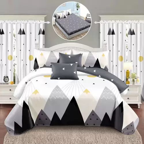 Set Lenjerie pat dublu cu Elastic (160x200cm, 180x200cm) + 2 draperii, finet, 8 piese, Alb, Gri, munti