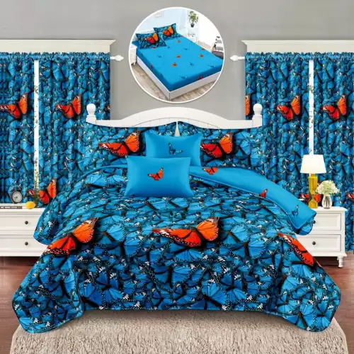 Set Lenjerie pat dublu cu Elastic (160x200cm, 180x200cm) + 2 draperii, finet, 8 piese, Albastru, Fluturi