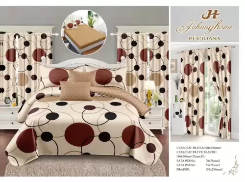 Set Lenjerie pat dublu cu Elastic + 2 draperii, finet, 8 piese - Buline