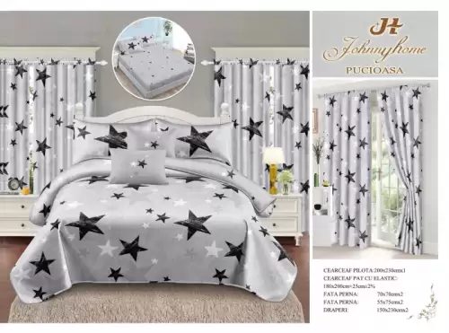 Set Lenjerie pat dublu cu Elastic + 2 draperii, finet, 8 piese - Stelute Gri