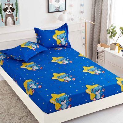 Cearsaf cu elastic, Bumbac FINET, 90x200cm, 2 fete de perne 50x70cm, Jojo Home, Albastru-Galben, stelute