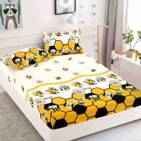 Cearsaf cu elastic, Bumbac FINET, 90x200cm, 2 fete de perne 50x70cm, Jojo Home, Galben, Albinute