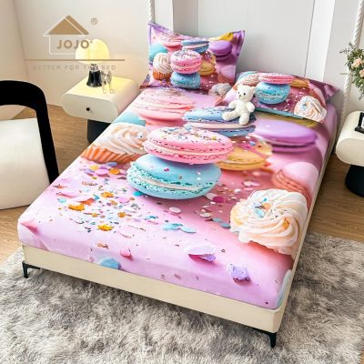 Cearsaf cu elastic, Bumbac FINET, Imprimeu 5D Identic cu Poza, 160x200cm, 2 fete de perne 50x70cm, Jojo Home, Roz, Macarons