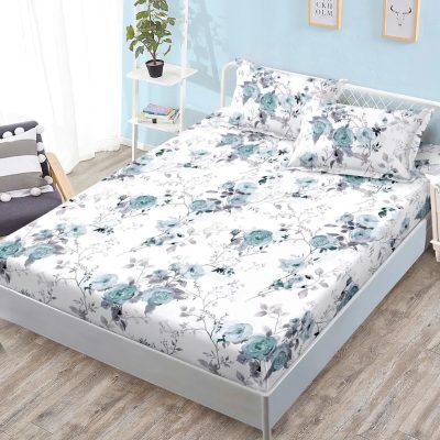 Cearsaf cu Elastic, Bumbac Satinat, 160x200 cm + 2 Fete de Perna 50x70 cm, Alb, floricele albastre
