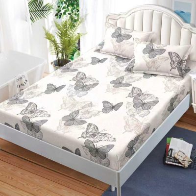 Cearsaf cu Elastic, Bumbac Satinat, 160x200 cm + 2 Fete de Perna 50x70 cm, Crem, fluturi