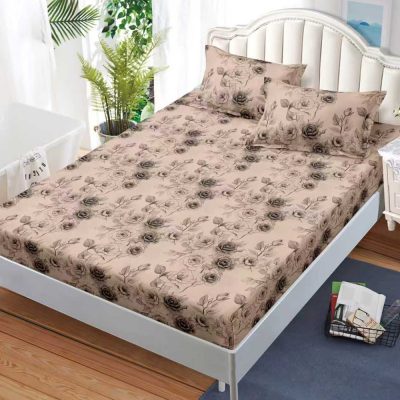 Cearsaf cu Elastic, Bumbac Satinat, 180x200 cm + 2 Fete de Perna 50x70 cm, Bej, trandafiri