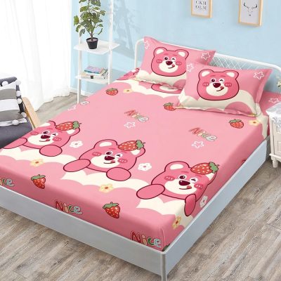 Cearsaf cu Elastic, Bumbac Satinat, 180x200 cm + 2 Fete de Perna 50x70 cm, Roz, ursuleti
