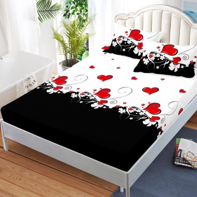 Cearsaf cu elastic, FINET, 180x200cm, 2 fete de perne 50x70cm, Alb, Negru, inimioare