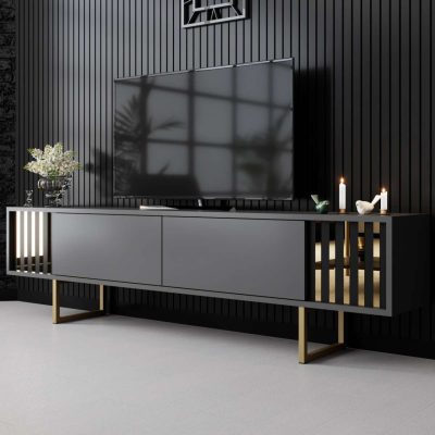 Comoda TV, Hanah Home, Gold Line, 180x30x48 cm, Antracit / Aur