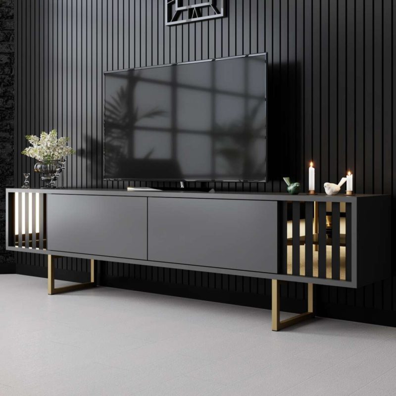Comoda TV, Hanah Home, Gold Line, 180x30x48 cm, Antracit / Aur