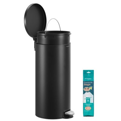 Cos de gunoi cu pedala 30L + 15 saci menajeri, Songmics, capac soft-close, otel, negru