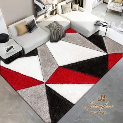 Covor 150x230cm pentru Dormitor si Living, Gri - Rosu - Alb - Negru