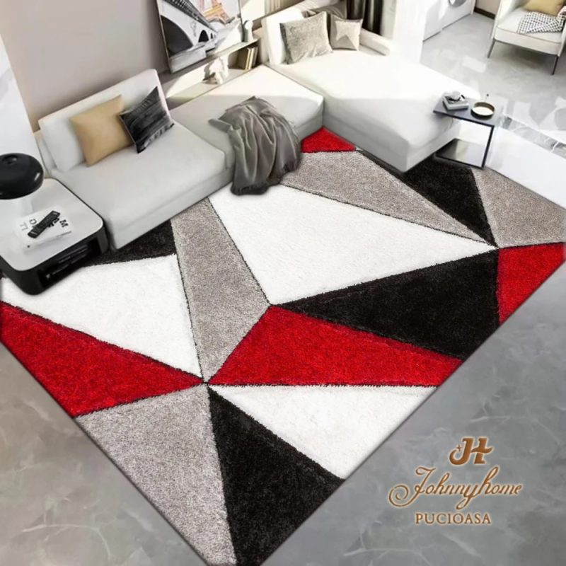Covor 80x150cm pentru Dormitor si Living, Gri - Rosu - Alb - Negru