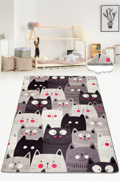 Covor pentru copii, Cats Gray Djt, 80x300 cm, Poliester, Multicolor