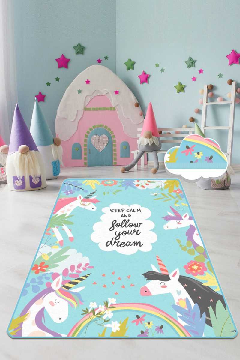 Covor pentru copii, Cute Unicorn, 80x200 cm, Poliester, Multicolor