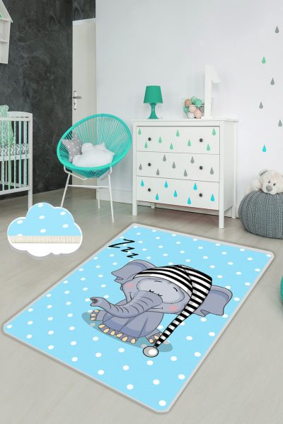Covor pentru copii, Elephant Sleep, 80x200 cm, Poliester, Multicolor