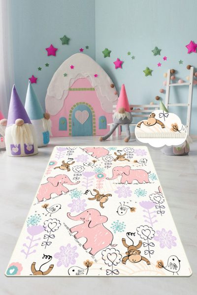Covor pentru copii, Pink Elephant, 120x180 cm, Poliester, Multicolor