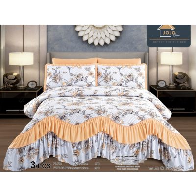 Cuvertura pat dublu, 3 piese, Bumbac Finet, 220x270cm, cu volanase, Jojo Home, Alb-Galben, flori
