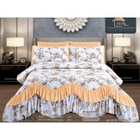 Cuvertura pat dublu, 3 piese, Bumbac Finet, 220x270cm, cu volanase, Jojo Home, Alb-Galben, flori