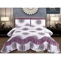 Cuvertura pat dublu, 3 piese, Bumbac Finet, 220x270cm, cu volanase, Jojo Home, Alb-Mov, model elegant