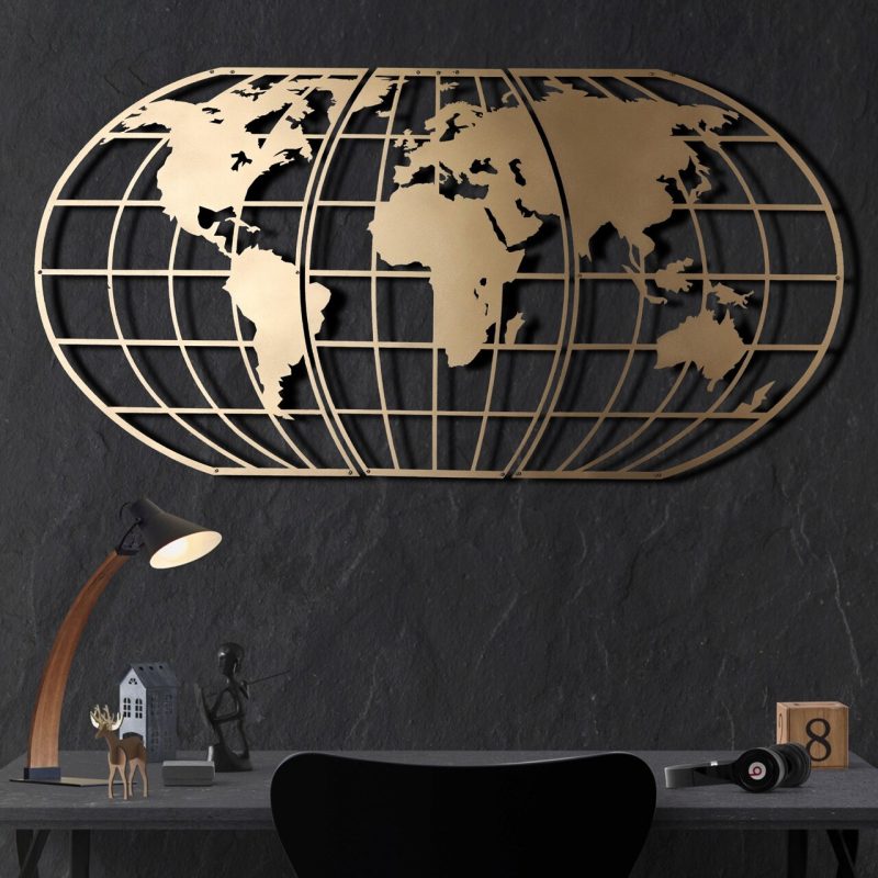 Decoratiune de perete, World Map Globe, Dimensiune: 60 x 120 cm, Auriu