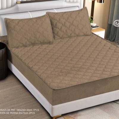 Husa Matlasata Tip Topper din Catifea 180x200cm, cu 2 Fete de Perna 50x70cm -  Somn Odihnitor si Sustinere pentru Spate, Cappuccino