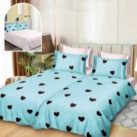Lenjerie de Pat, 7 Piese, Bumbac Satinat Superior, cu 2 Pilote, Bleu, Inimioare