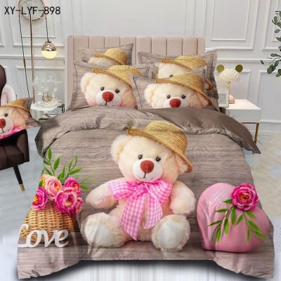 Lenjerie de Pat Dublu,  Finet, 6 piese, Imprimeu 3D Digital Realist, Exact ca in Poza – Culori Durabile, Vopsea Skin-Friendly si intretinere Usoara, Gri, ursulet cu fundita roz