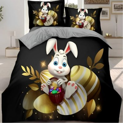 Lenjerie de Pat Dublu,  Finet, Imprimeu Digital cu Iepuras si Oua, IDENTIC CU POZA, 4 Piese, Negru