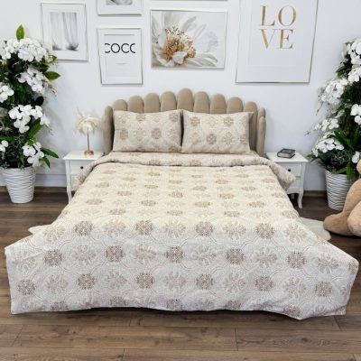 Lenjerie de Pat Dublu, Policoton Ranforsat, 4 piese, Atelier Cumparamisim, Bej, model elegant